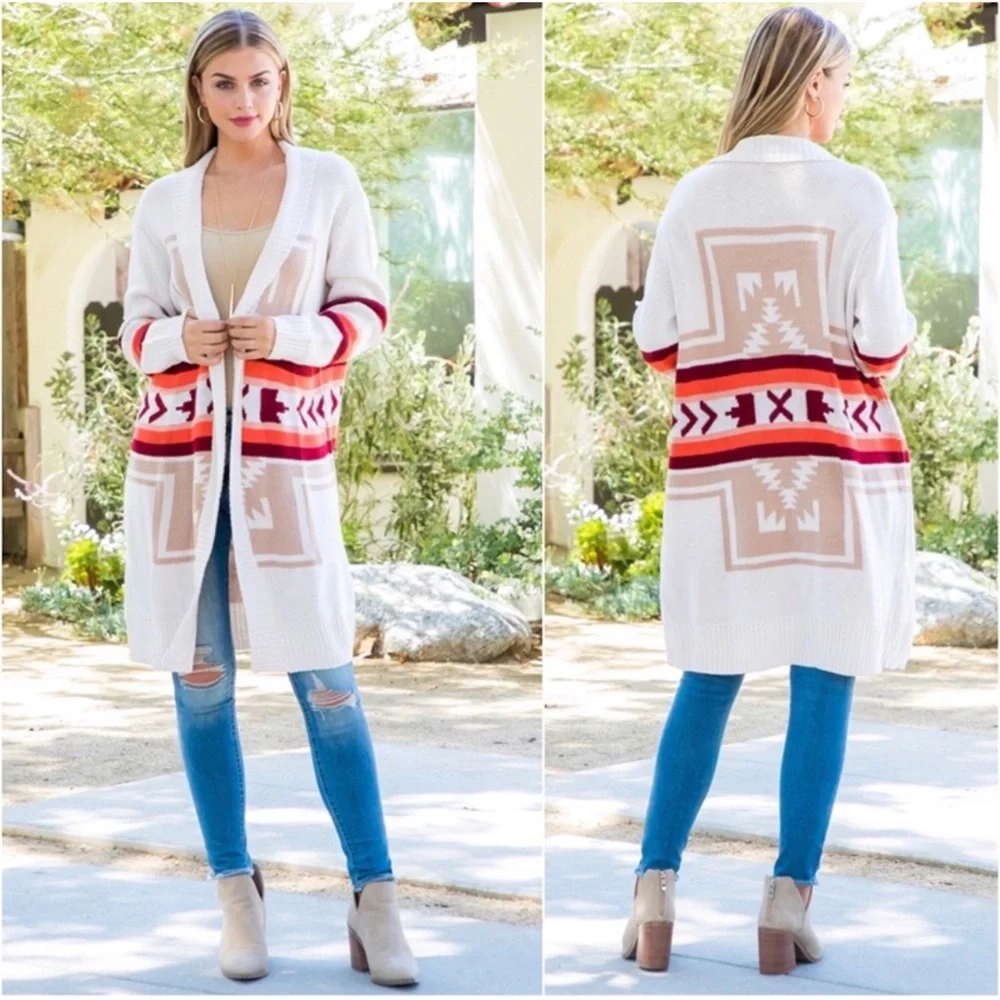 1 LEFT! Women Fall Trend Aztec Print Fall Colors Knee Length Cardigan Sweater - Picture 2 of 4